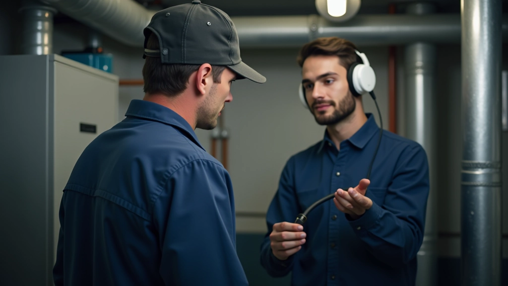 Hausmeister überprüft Heizungsanlage im Keller eines modernen Wohnhauses