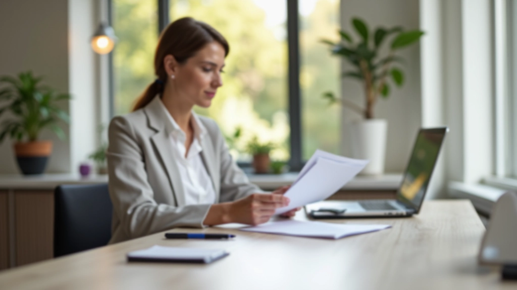 Frau überprüft Abrechnung am Laptop, mit Notizblock daneben